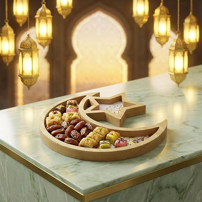 Krismax Ramadan Decorations for Home Ramadan Tray Eid Tray Ramadan Kareen Moon Star Tray Home Decor Ramadan Serving Tray for Party Decoration Food Tray Snack Cookie Serve Plate