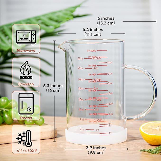 4 Cup Glass Measuring Cup with Handle, 77L High Borosilicate Glass Measuring Cup with V-Shaped and Three Scales (Cup, OZ, ML), Glass Liquid Beaker with Silicone Base, Double-Sided Measure Scales