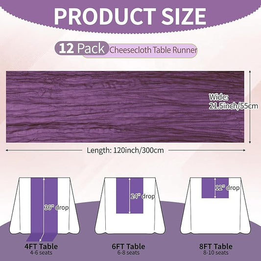 12 Pcs Dark Purple Cheesecloth Table Runner 10Ft, Gauze Table Runners 21.5 x 120 inch,Semi Sheer Cheese Cloth Fabric Runner Bulk for Wedding,Party,Baby Shower,Bridal Shower