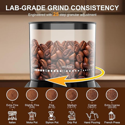 Wancle Conical Burr Coffee Grinder Touch Edition Electric Coffee Bean Grinder - 25 Grind Settings, Precision Timer, Anti-Static, Compact with Air Blower, 200W Motor