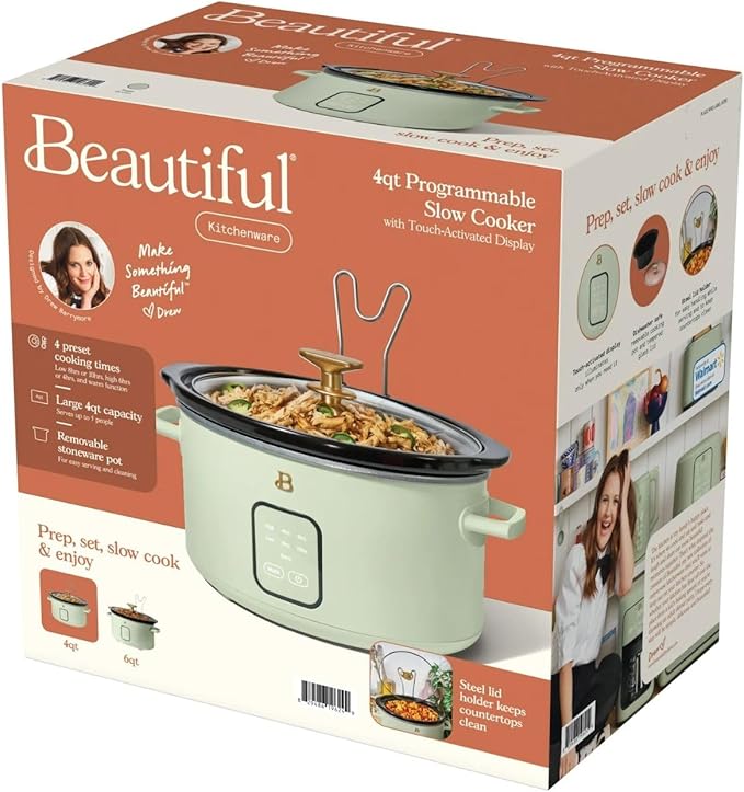 Beautiful 4-Qt Digital Slow Cooker with Smart Touch Screen, Removable Pot, Timer Presets, Ideal for Small Families