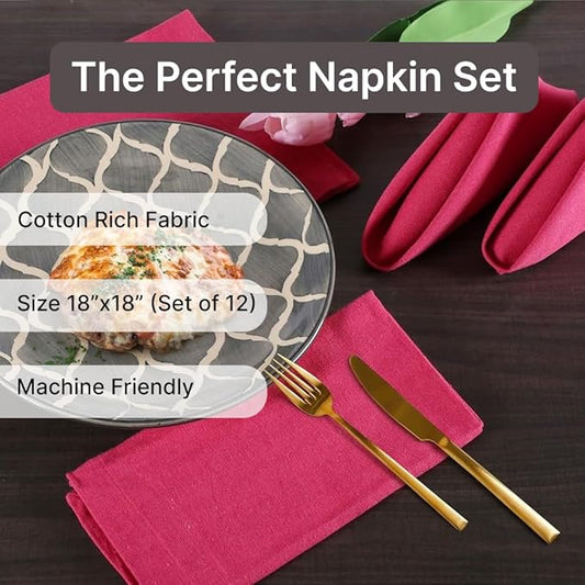 LFH Home Cotton Rich Metered Napkins for Dining Table Set of 12, Elegant Cloth Napkins for Wedding Party or Everyday Use Machine Washable Durable Reusable and Soft for Hosting 18x18 Inch - Magenta