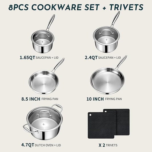3 Ply Stainless Steel Cookware Set, AIVIKI 10-Pieces Pots and Pans Set, Induction Kitchen Cookware Set, Oven Safe to 500℉, Chef Quality Cooking Set w/Fry Pans, Saucepans, Dutch Oven, Kitchen Essential