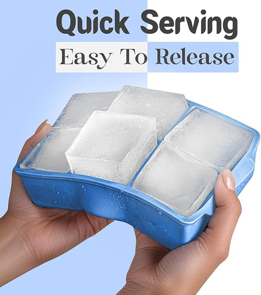 KitchFort Large Silicone Ice Cube Tray (3-Pack), Easy Release 2" Big Ice Cubes - Cocktail, Whiskey Ice Cubes Mold - Ice Trays for Freezer with Lid - Stackable Silicone Ice Tray - Blue