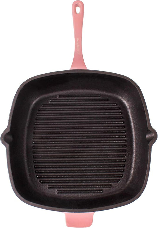 Berghoff Neo 2Pc Enameled Cast Iron Grill Set, Grill Pan 11 inches, Bacon/Steak Press 8 inches, Fast, Evenly Heat, Oven safe (Pink)