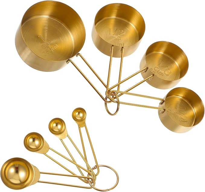 8 Pcs Gold Measuring Cups and Spoons Set 304 Stainless Steel Measuring Spoons Gold with Handles Golden Stackable Kitchen Measure Cups Set For Liquid Dry Ingredient Kitchen Baking Cooking