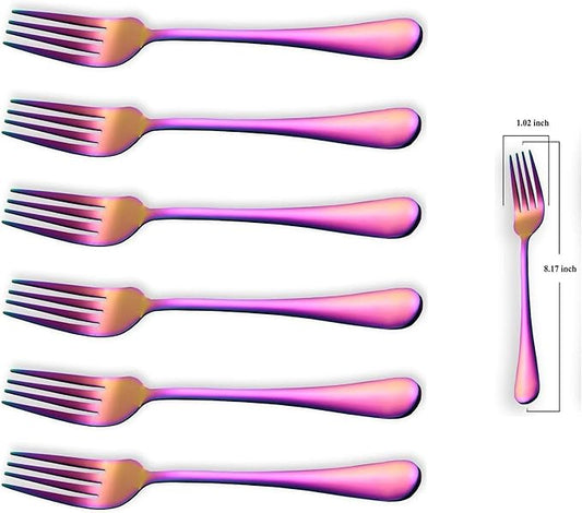Kyraton Rainbow Dinner Fork 6 Pieces, Stainless Steel 8.17 Inch Forks Colorful Titanium Plating Silverware, Mutil-Color Forks Set of 6
