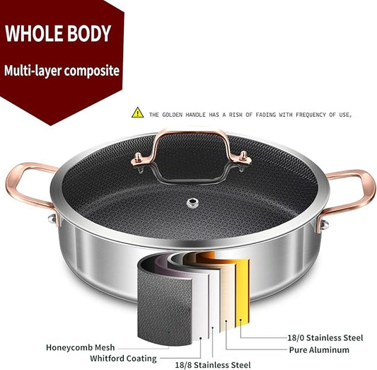 LOLYKITCH 6 Quarts Hybrid Tri-Ply Stainless Steel Sauté Pan with Lid,Induction Large Skillet, Jumbo Cooker,Dishwasher & Oven Safe