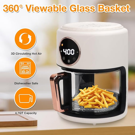 GYMODE 4.7QT Glass Air Fryer, 360° Viewable Glass Air Fryer Non Toxic, 6-IN-1 Preset Cook Modes, Digital Display, Adjustable Temp 100F - 400F, Nonstick, Dishwasher Safe, White