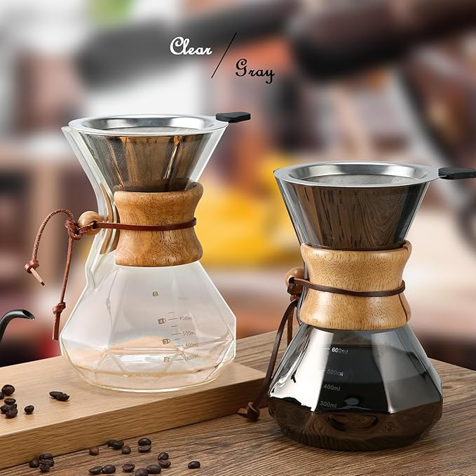 Lalord Pour Over Coffee Maker with Stainless Steel Filter, 20 oz Borosilicate Glass Coffee Carafe, Wooden Collar, Coffee Maker Carafe, Hold 3-4 Cups, 600 ml, Gray