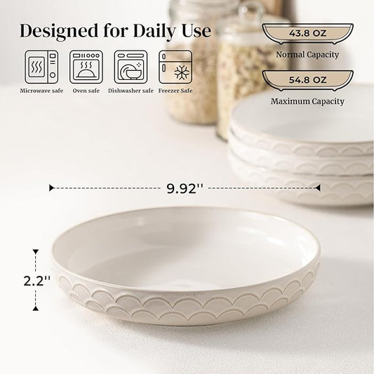 DOWAN Large Pasta Bowls Set of 4, 54 oz Embossment Salad Serving Bowls, Ceramic Plates, White Soup Bowl for Kitchen Meal Prep, Shallow Dishes Dinner Bowl Microwave Tableware