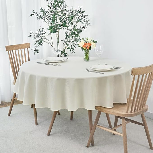 maxmill Round Weaved Texture Design Tablecloth Spill-Proof Wrinkle Free Soft Washable Table Cloth for Circular Table Cover, for Dining Room Buffet Banquet Parties Holiday Dinner, 70 Inch Ivory