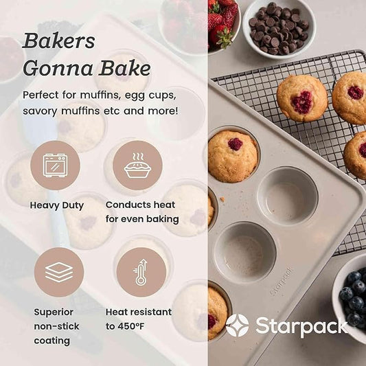 StarPack ‘Bakers Gonna Bake’ 12-Hole Stainless Steel Muffin Pan - High Performance Nonstick, Heavy-Duty Cupcake Pans for Baking - Versatile Cupcake Pan with Up to 450°F Heat-Resistance