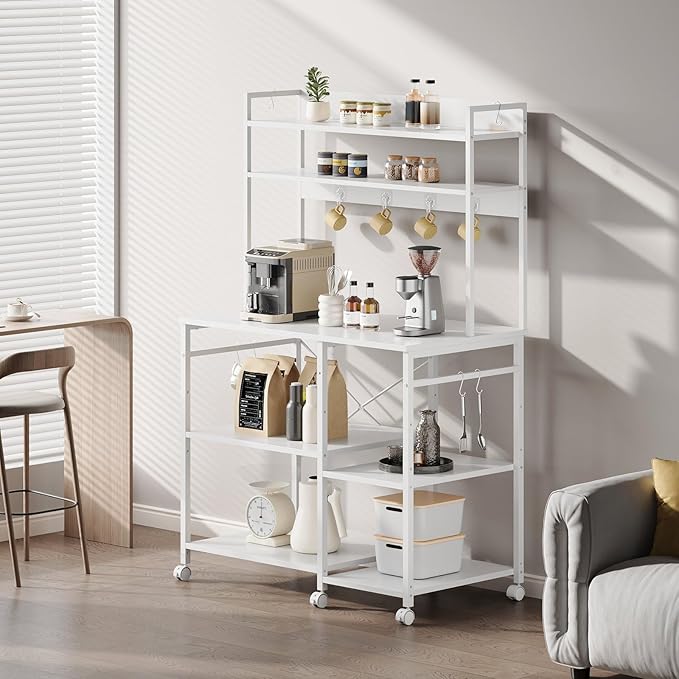Kitchen Bakers Rack with Storage,Microwave Stand with Wheels,with Adjustable Shelves,Kitchen Shelves,Coffee Bar with 10 S-Shaped Hooks,35.4 * 15.8 * 61 Inches,White