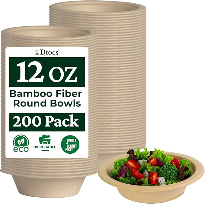 Dtocs Bamboo Fiber Disposable Bowls – 12 Oz, 200 Pk | Eco Friendly Biodegradable Small Bowl | Microwavable Bagasse Bowl Like Soup, Cake, Dip, Salad | Biodegradable Dinnerware Alt to Paper, Plastic