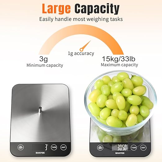 Food Scale, 33lb Rechargeable Kitchen Scale with Stainless Steel, Grams and Ounces, USB Charging, 1g High Accuracy for Baking, Cooking & Food Prep, BK806