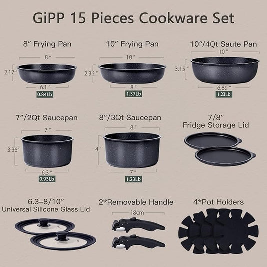 GiPP Ceramic Pots and Pans Set Non Stick, Nonstick Detachable Handle Cookware Sets, Healthy Non Toxic PFAS PFOA & PTFE Free, Dishwasher &Oven Safe, Induction Kitchen Pot and Pan, 15 Piece Grey