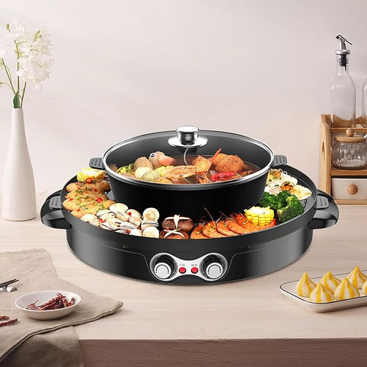 2 in 1 Hot Pot with Grill, 110V 2200W Electric Hot Pot, Barbecue Grill Pot Electric Shabu for Homes, Restaurants, Picnics
