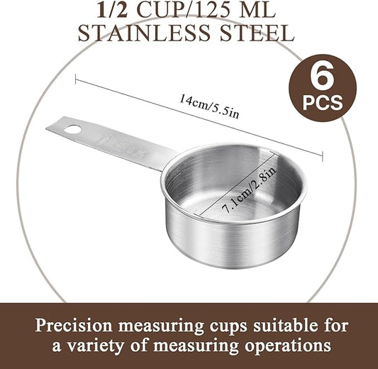 6 pcs 1/2 Cup Measuring Cup, Stainless Steel Measuring Cups, 125 ml | 125 cc | 4 oz | Engraved Marking Single Measuring Scoops, Metal Measuring Cup for Kitchen Baking & Cooking