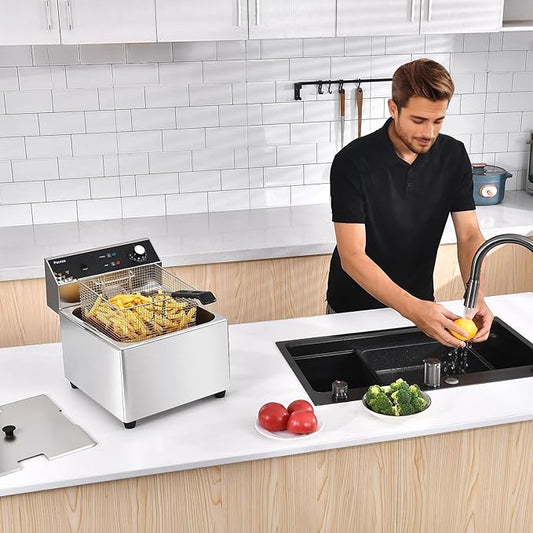 Deep Fryer with Basket, 1700w 19.7Qt Oil Tank/ 8.8Qt Basket, 0.6mm Thickened Stainless Steel Countertop Electric Fryer for Home and Commercial Use, Oil Fryer with Double Overheat Protection