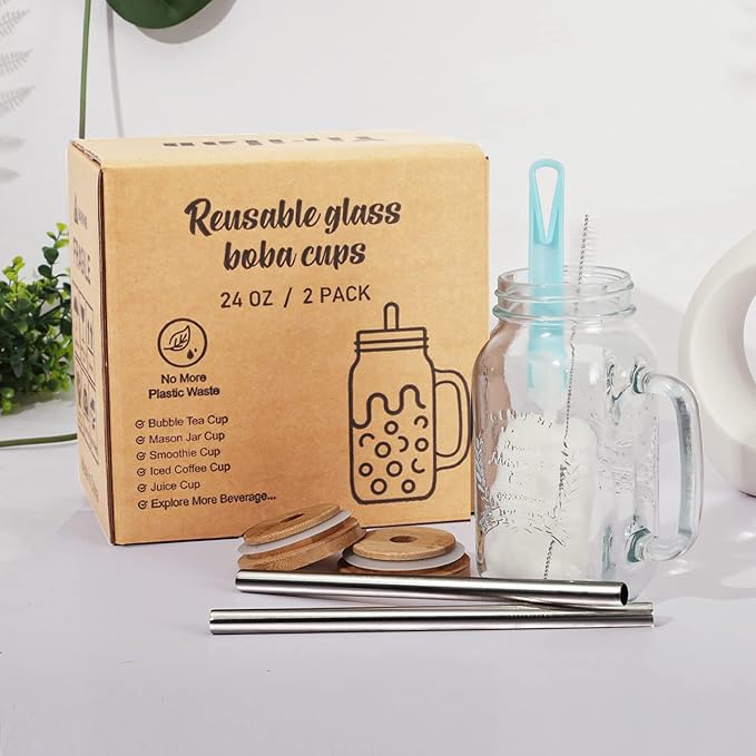 2 Pack 24Oz Mason jar cups with lids and straws, Mason Jars with Handle, Mason Jar Drinking Glasses with Lid and Straw, Mason Jar Mugs