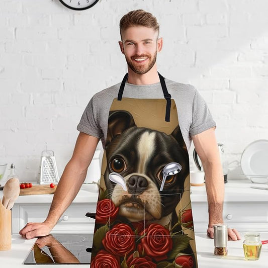 Cute Boston Terrier Apron with Adjustable Neck Strap,Dog Rose Vintage Kitchen Aprons with 2 Pockets for Women,28x33in,Oxford Fabric,Gifts for Wife Mom,For Chef Cooking Baking Gardening BBQ
