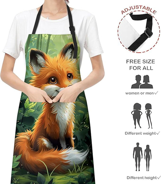 Cute Cartoon Fox Apron for Women Men, Cooking BBQ Chef Polyester Lightweight Lush Forest Background Aprons with Pockets for Baking Kitchen Gardening Cleaning, Adjustable Neck Strap, 28×33inch
