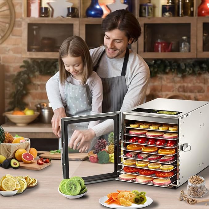 Food-Dehydrator Machine 8 Stainless Steel Trays, 500W Jerky Dehydrator for Meat, 190ºF Mushroom Dryer, 24H Timer Fruits Dryer for Herbs, Veggies, Yogurt & Dog Treats