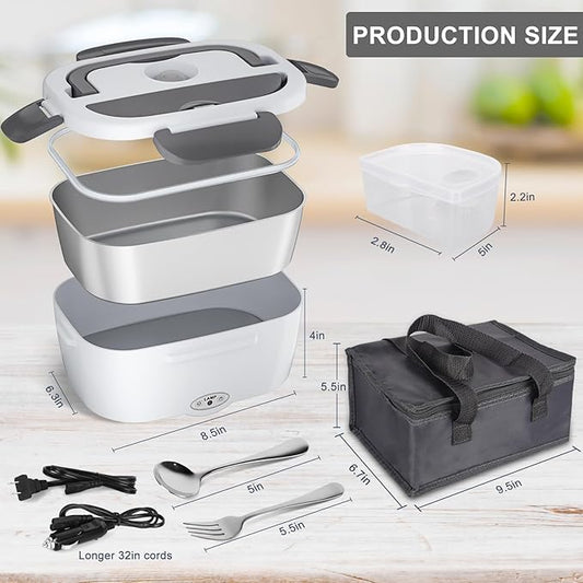 Electric Lunch Box Food Heater - 3 in 1 Portable Leakproof Heated Lunch Box for Car/Home/Adults with 1.5L Removable 304 Stainless Steel Container, 60-80W, 12V/24V/110V (White)