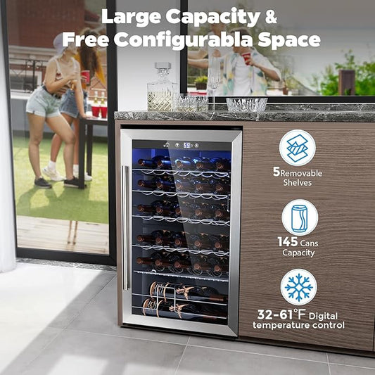 COWSAR 37 Bottle Wine Fridge, 4.45 Cu.Ft Freestanding Commercial Beverage Refrigerator with Reversible Double Pane Glass Door & Adjustable Wavy Wire Shelves, Wine Cooler for Kitchen Bar, Silver