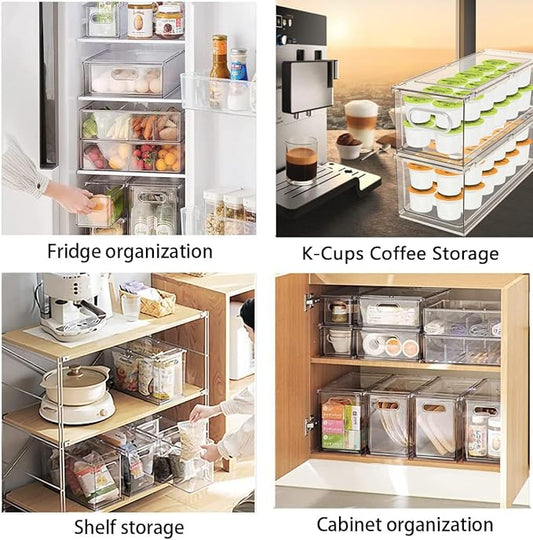 MANO Fridge Drawer Pull Out Stackable Bins with Handle Clear Refrigerator Drawers Organizer Food Storage Container Box with Dividers Plastic Produce Saver for Pantry, Cabinet, Kitchen, Clothes(4Pack)
