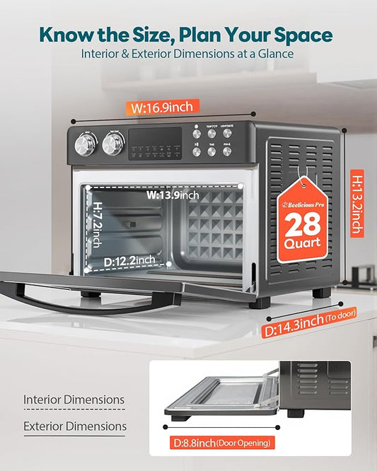 28QT Air Fryer Toaster Oven Combo, Large 12-in-1 Convection Countertop Oven with Next-Gen HeatWave Convection, 3-Layer Cooking, Rotisserie for Chicken, Fits 11" Pizza, Full Accessories, Sparkle Black