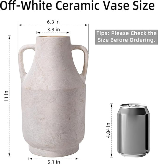 11'' Rustic Ceramic Flower Vase with Dual Handles Farmhouse Pottery Vases Decorative Large Vases for House Entryway Kitchen Table Centerpieces, Vintage White