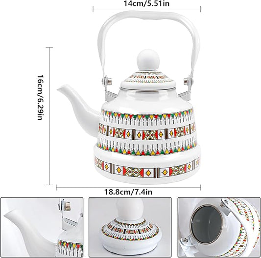 1.1L Arab style Vintage Tea Kettle,Enamel Tea Kettle with Handle,Enameled Teapot Stovetop,Hot Water Kettle for Home Kitchen Decor, No Whistling (White)