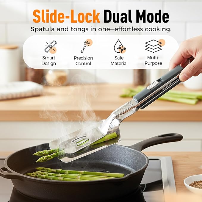 2026 New Stainless Steel Grill Clamp, Upgrade 13.3 Inch Anti-Scald Extended Handle Spatula Tong, Multi-Functional Stainless Steel Barbecue Clamp Food for Flipping Steak Fish Bread BBQ Frying (3pcs)