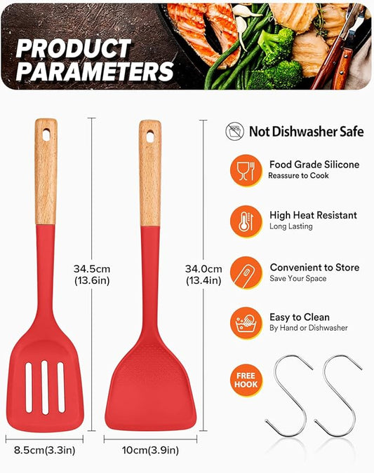 Silicone Wok Spatula Turner Set, Perfect for Scooping, Flipping, Lifting Pancakes and Picking up Veggies, BPA-Free Matte Silicone, Wooden Handles, Safe for Nonstick Cooking Surfaces (Red)