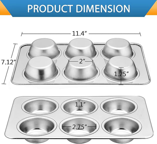 E-far Muffin Pan Set of 2, Stainless Steel Muffin Pan Tin for Baking, 6-Cup Metal Cupcake Pan Tray, Non-toxic & Healthy, Oven & Dishwasher Safe, Regular Size - 11.44 x 7.12 x 1.25 Inch