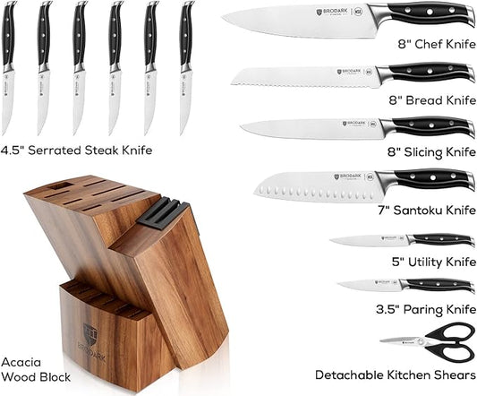 BRODARK Kitchen Knife Set: Full Tang 15 Pcs Professional Chef Knife Set with Sharpener, Razor-sharp Knives Set for Kitchen, German Stainless Steel Knife Block Set, Gift Box for Men Women