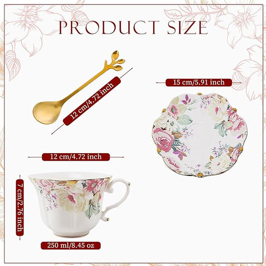 Country Roses Porcelain Tea Cup and Saucer Set with Gold Trim, Vintage Style, For Women and Tea Parties (1, Pink)