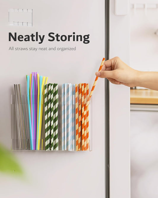 Upgraded 9.6'' Large Acrylic Straw Holder for Cabinet Door, Space-Saving Straw Organizer Storage Dispenser for Cabinet Doors or Countertops, Strong Adhesive Double-sided Tape Included