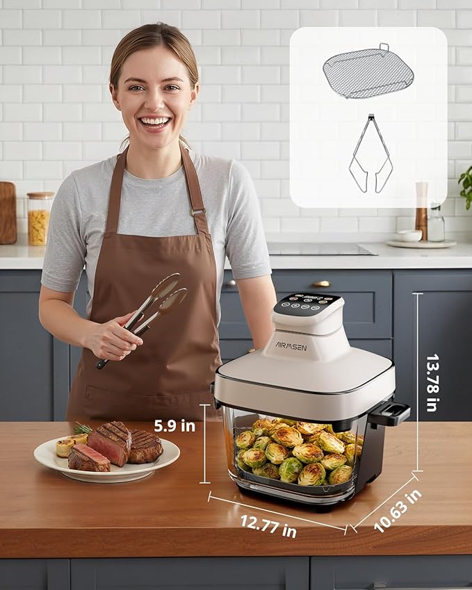 AIRMSEN 6.3 QT Glass Air Fryer Non-Toxic, 4 Presets & Manual Control, 105–400℉ Precise Heat, 95% Less Oil, Auto-Pause & Resume, Microwave & Dishwasher Safe Glass Container for Family Meals