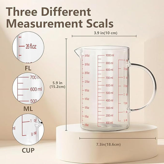 WhiteRhino 4Cup/1000ML Glass Liquid Measuring Cup With Handle,High Borosilicate Glass Three Scales (OZ, Cup, ML/CC) for Kitchen or Restaurant, V-Shaped Spout Glass Measuring Beaker,Easy To Read(34oz)