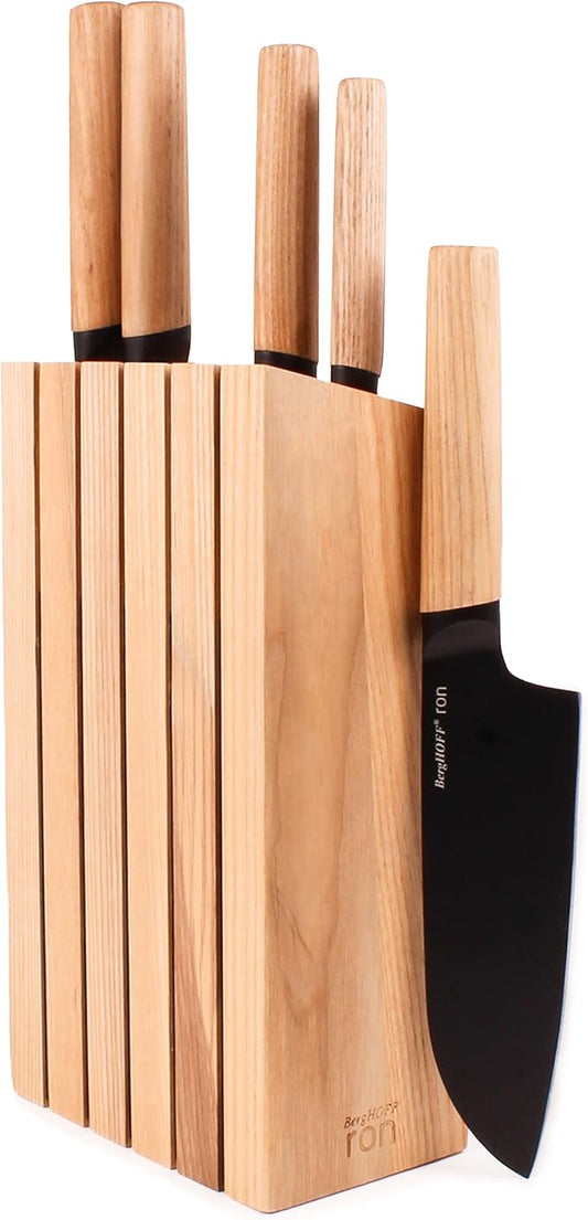 BergHOFF RON 5Pc Non-stick Knife Set With Wood Block Titanium PVD Coating Sharp & Well Balanced Seamless Transition Ash Wood Handle Anti-skid Base