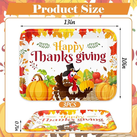 Whaline 3 Pcs Thanksgiving Day Serving Trays Turkey Pumpkin Maple Leaves Reusable Melamine Trays Platters for Fall Autumn Harvest Holiday Party Food Snack Dessert Decorations, 10 x 13 Inch