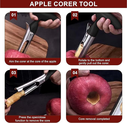 Stainless Steel Apple Corer Tool - Easy Push Design for Quick Coring, Non-Slip Handle - Fruit & Vegetable Seed Remover, Dishwasher Safe (Black)