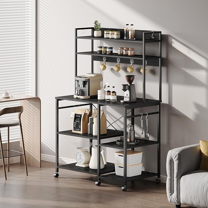 Kitchen Bakers Rack with Storage,Microwave Stand with Wheels,with Adjustable Shelves,Kitchen Shelves,Coffee Bar with 10 S-Shaped Hooks,35.4 * 15.8 * 61 Inches,Black