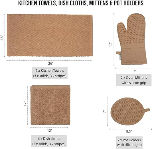 LANE LINEN 16 Piece Dish Cloths Set - 100% Cotton, Heat Resistant Mittens and Pot Holder Set, Reusable Dish Rags for Washing, Absorbent Towels for Kitchen Drying - Beige