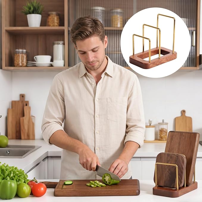 Chopping Board Holder, Cutting Board Rack with Wooden Base Multi-Tiered Pot Lids Storage Rack Plates Organizer Cabinet Storage Divider Accessory for Kitchen Countertops