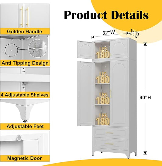 Kitchen Pantry Cabinet,90" Storage Cabinets with Doors and Shelves,Metal Pantry Cabinet with 2 Drawers,White Kitchen Cupboard for Livingroom,Pantry, Bathroom