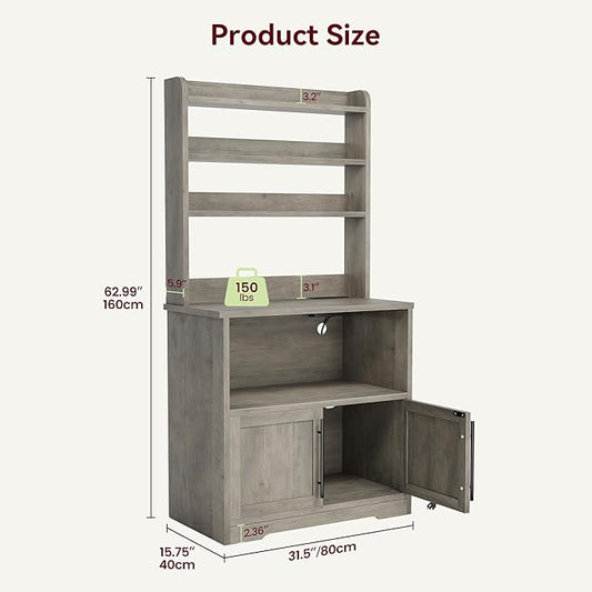 Garvee Farmhouse Bakers Rack with Power Outlets, Microwave Stand with Cabinet, Kitchen Hutch Pantry Cabinet, Kitchen Coffee Bar Cabinet for Spices, Dishes, and Pots, Gray